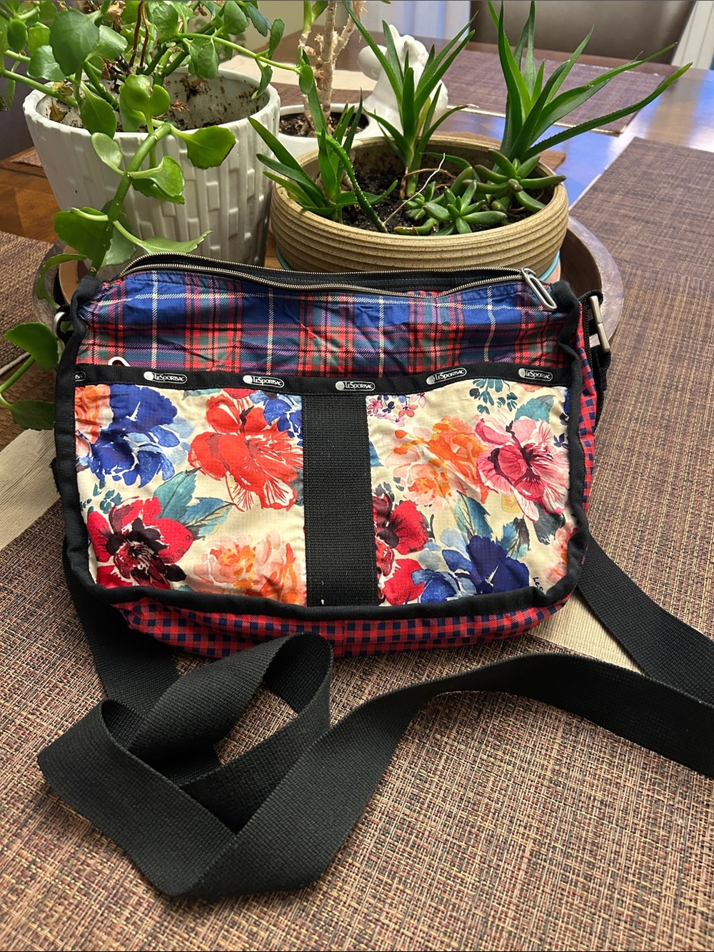 LeSportsac Floral Plaid Crossbody Bag - Red, Blue, Black, Cream